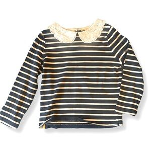 Mini Boden Navy and White Striped Long Sleeve Top with Lace Collar